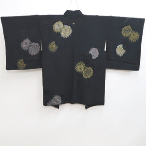 Haori Jacket Vintage(1950-1980) Black Gold Silver Chrysanthemum Silk #9863B2