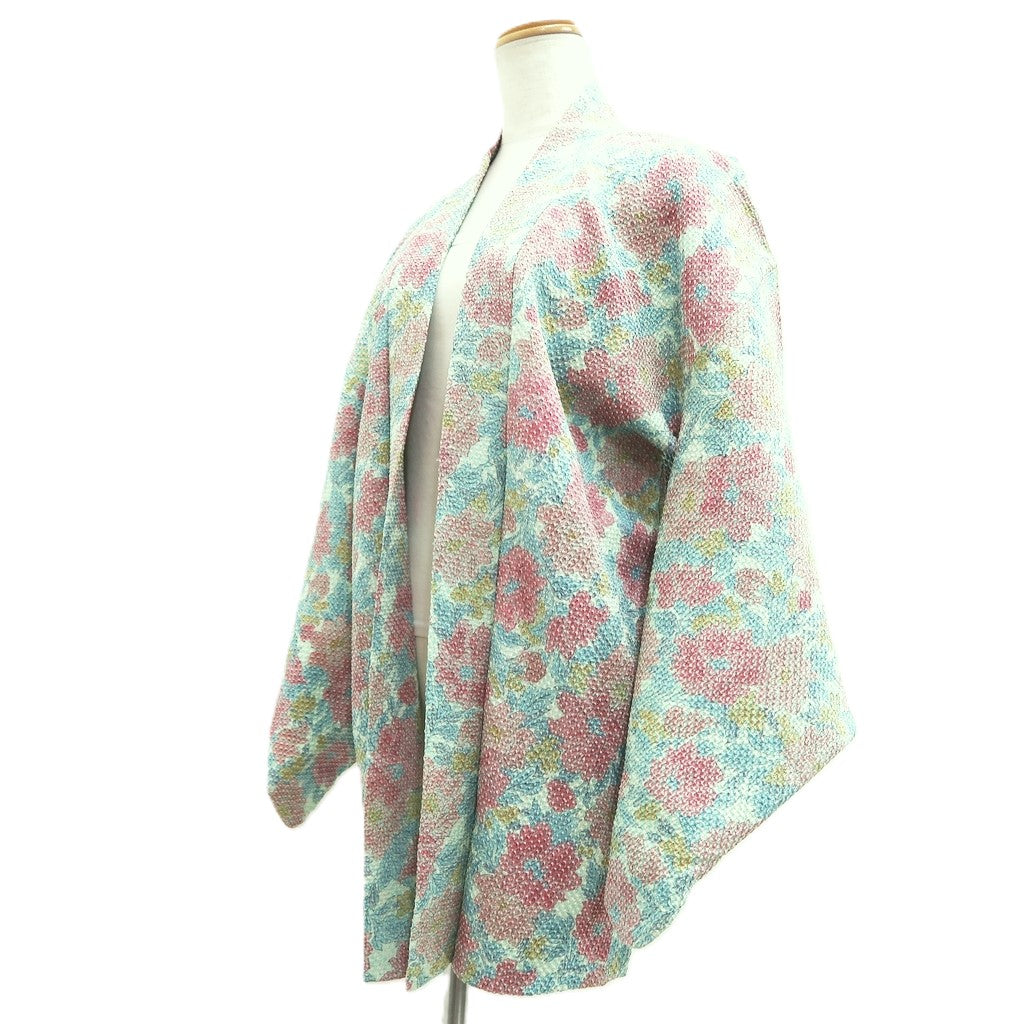 Haori Jacket Vintage(1950-1980) Light Blue Light Red Shibori Flower Silk #10612C3