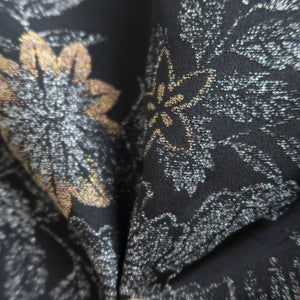 Haori Jacket Vintage(1950-1980) Black Silver Gold Flower Silk #9753A3