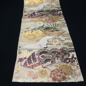 BB10044AD Silk Obi Fabric Crane Birds Gold Yellow 75.2x12.2in(191x31cm)