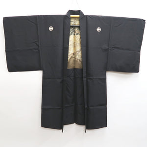 Men's Haori Vintage(1950-1980) Black Montsuki Habutae Kyoto Landscape Silk #9818B1