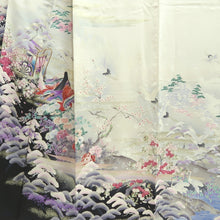 Load image into Gallery viewer, Furisode Pearl white Heian Princess Crane Birds Silk #11092B1
