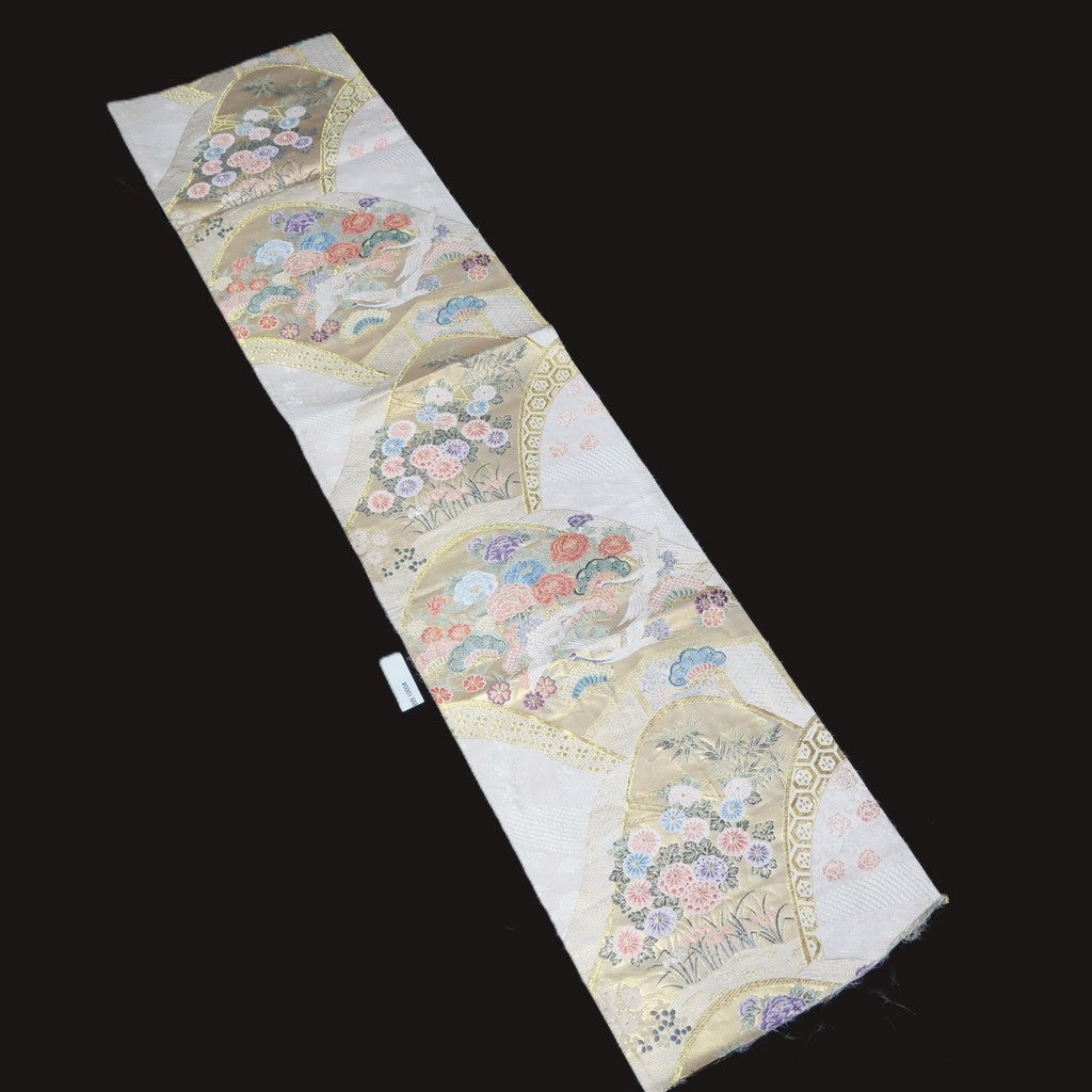 BB10004AB Silk Obi Fabric Crane Birds White Gold 50.0x10.6in(127x27cm)