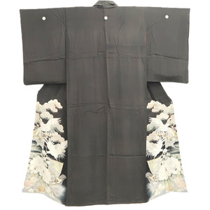 Tomesode Vintage(1920-1950) Black Crane Birds Hand painted Silk #10493B1