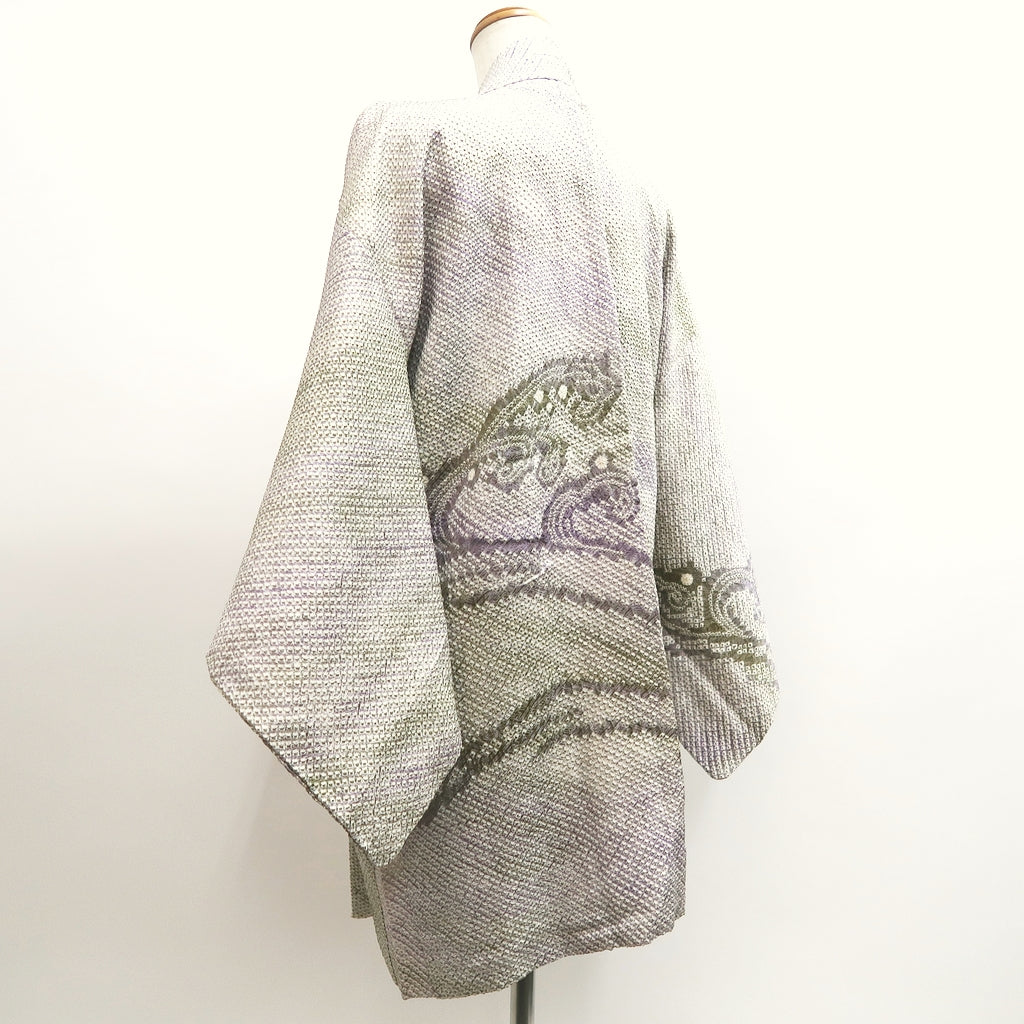 Haori Jacket Vintage(1950-1980) Light Green Lavender Shibori Wave Silk #10066D1