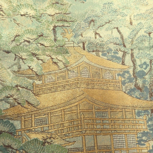 Fukuro Obi Gold Pale Green Kinkakuji Landscape Silk BB334V9