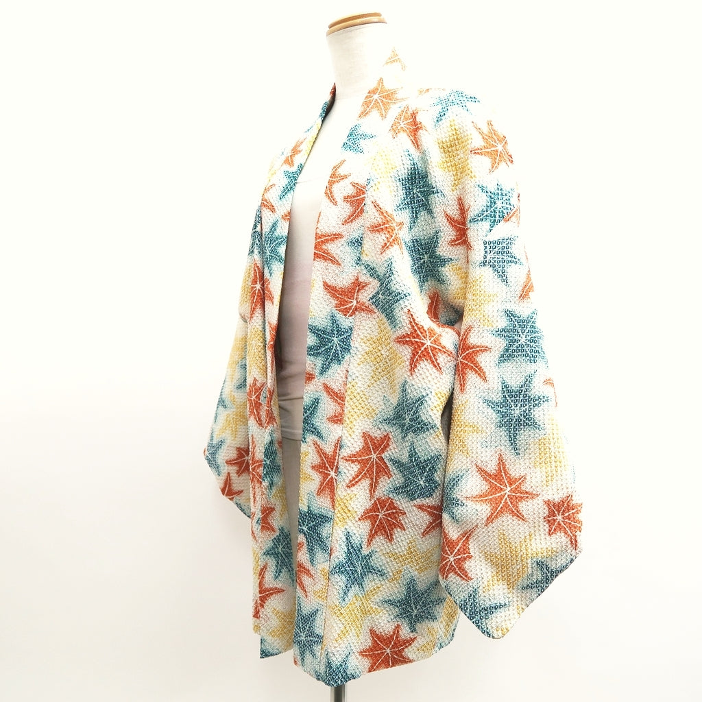 Haori Jacket Vintage(1950-1980) White Vermillion Blue Shibori Maple Leaf Silk #9784A4