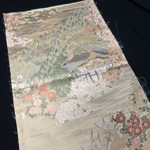 BB10014AB Silk Obi Fabric Zen Temple Landscape Gold Green 41.3x11.0in(105x28cm)