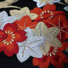 Load image into Gallery viewer, BB10074AF Silk Obi Fabric Maple Leaf Black Red 47.6x10.6in(121x27cm)
