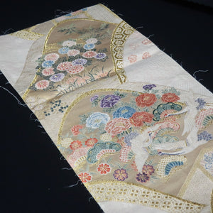 BB10004AB Silk Obi Fabric Crane Birds White Gold 50.0x10.6in(127x27cm)