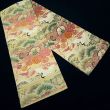 Load image into Gallery viewer, Maru Obi Vintage(1920-1950) Beige Gold Crane Birds Tsuzumi Silk BB292V7
