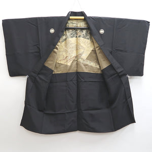 Men's Haori Vintage(1950-1980) Black Montsuki Habutae Kyoto Landscape Silk #9818B1