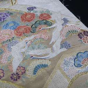 BB10004AB Silk Obi Fabric Crane Birds White Gold 50.0x10.6in(127x27cm)
