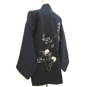 Haori Jacket Vintage(1950-1980) Black Fully Embroidered Branch Flower Silk #9991C2