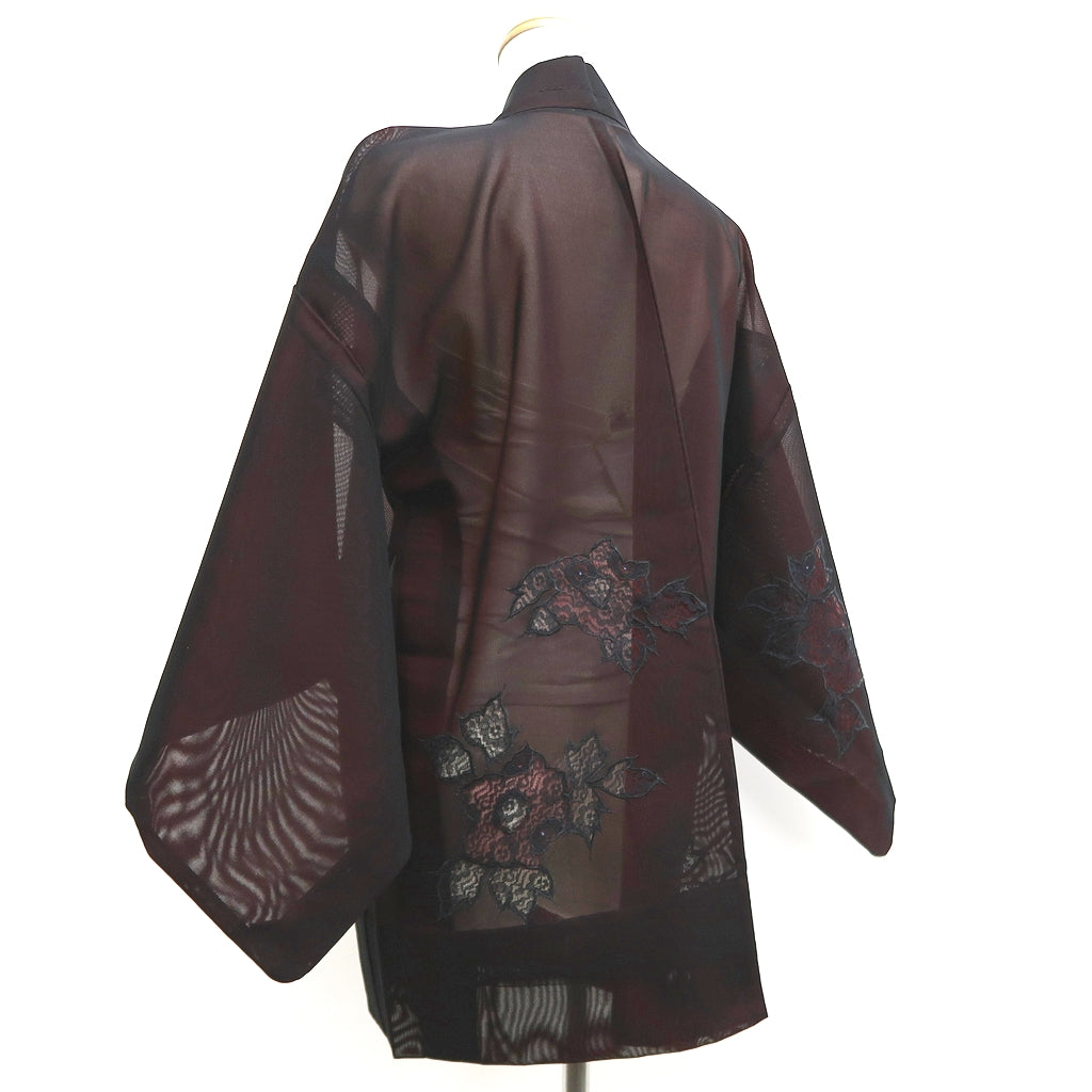 Haori Jacket Vintage(1950-1980) Black Red See-Through Embroidery Peony Silk #10231E2