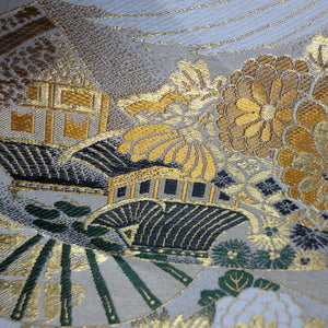 BB10044AD Silk Obi Fabric Crane Birds Gold Yellow 75.2x12.2in(191x31cm)