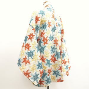 Haori Jacket Vintage(1950-1980) White Vermillion Blue Shibori Maple Leaf Silk #9784A4