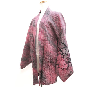 Haori Jacket Vintage(1950-1980) Red Black Shibori Peony Silk #10051C5