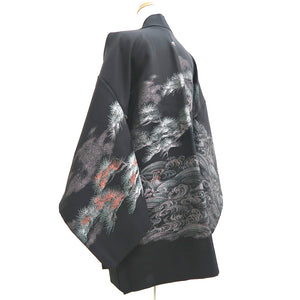 Haori Jacket Vintage(1950-1980) Black Silver Mastu Curling Wave Landscape Silk #9754A3