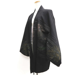Haori Jacket Vintage(1950-1980) Black Gold Silver Chrysanthemum Silk #10186D5