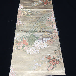 BB10014AB Silk Obi Fabric Zen Temple Landscape Gold Green 41.3x11.0in(105x28cm)