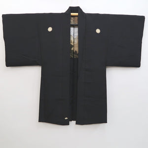 Men's Haori Vintage(1950-1980) Black Habutae Mountain Landscape Silk #9980C2