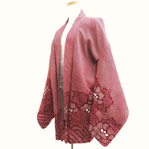 Haori Jacket Vintage(1950-1980) Red Shibori Peony Wave Silk #10111D2