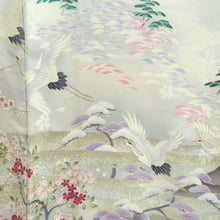Load image into Gallery viewer, Furisode Pearl white Heian Princess Crane Birds Silk #11092B1
