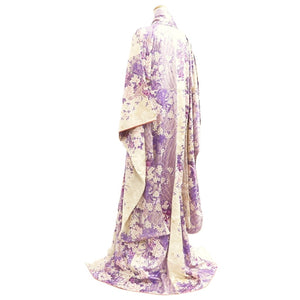 Furisode White Lavender Bird Flower Yamato Silk #10553B4