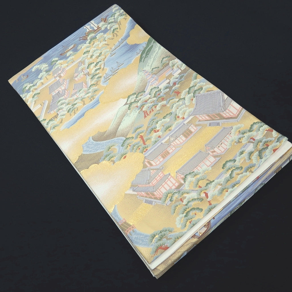 Fukuro Obi Gold White Blue Landscape Silk BB272V5