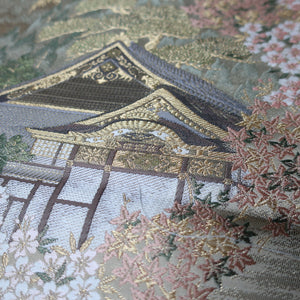 BB10014AB Silk Obi Fabric Zen Temple Landscape Gold Green 41.3x11.0in(105x28cm)