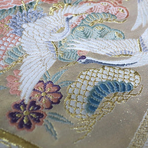 BB10004AB Silk Obi Fabric Crane Birds White Gold 50.0x10.6in(127x27cm)