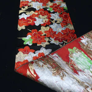 BB10074AF Silk Obi Fabric Maple Leaf Black Red 47.6x10.6in(121x27cm)