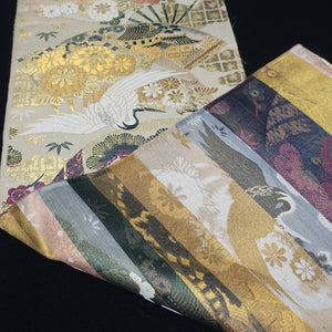 BB10044AD Silk Obi Fabric Crane Birds Gold Yellow 75.2x12.2in(191x31cm)