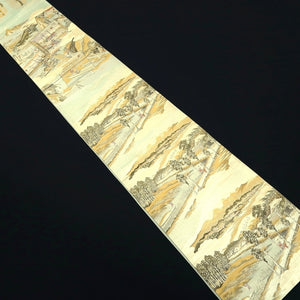 Fukuro Obi Gold Green Light Blue Tokaido53 Ukiyoe Landscape Silk BB342V9