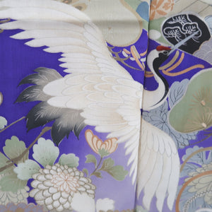 Kimono Vintage(1920-1950) Blueish Purple Crane Birds Hand painted Silk #9670J3