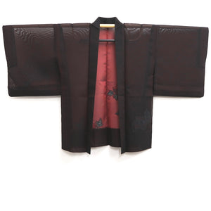Haori Jacket Vintage(1950-1980) Black Red See-Through Embroidery Peony Silk #10231E2