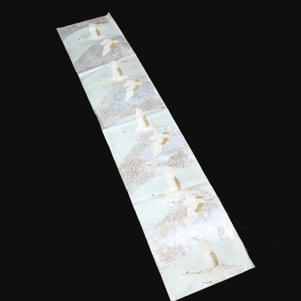 BB10065AE Silk Obi Fabric Crane Birds Light Blue 35.0x10.6in(89x27cm)