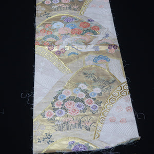 BB10004AB Silk Obi Fabric Crane Birds White Gold 50.0x10.6in(127x27cm)