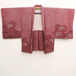 Haori Jacket Vintage(1950-1980) Red Shibori Peony Wave Silk #10111D2