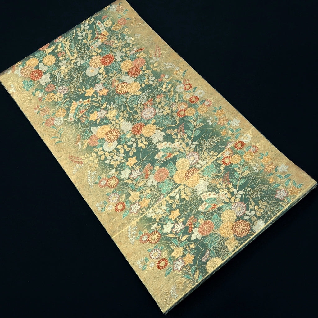 Fukuro Obi Gold Green Butterfly Chrysanthemum Silk BB262V5