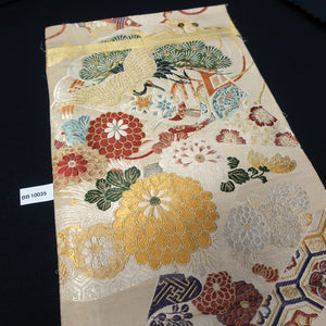BB10035AC Silk Obi Fabric Vintage(1920-1950) Crane Birds Gold Green 72.0x10.6in(183x27cm)