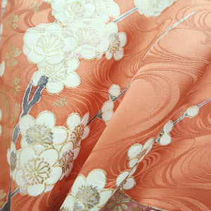 Furisode Salmon Gold Heian Princess Plum blossom Silk #9677J3