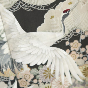 Tomesode Vintage(1920-1950) Black Crane Birds Hand painted Silk #10493B1