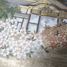 Load image into Gallery viewer, BB10014AB Silk Obi Fabric Zen Temple Landscape Gold Green 41.3x11.0in(105x28cm)
