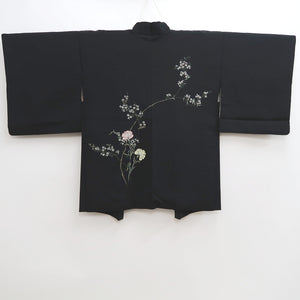 Haori Jacket Vintage(1950-1980) Black Fully Embroidered Branch Flower Silk #9991C2