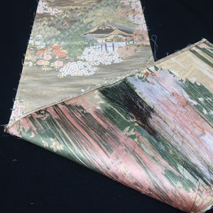 BB10014AB Silk Obi Fabric Zen Temple Landscape Gold Green 41.3x11.0in(105x28cm)