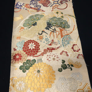 BB10035AC Silk Obi Fabric Vintage(1920-1950) Crane Birds Gold Green 72.0x10.6in(183x27cm)