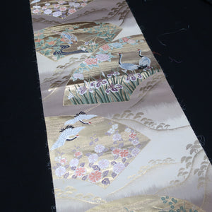 BB10025AC Silk Obi Fabric Crane Birds Gold 61.0x11.0in(155x28cm)