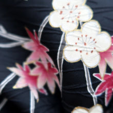 Load image into Gallery viewer, Haori Jacket Vintage(1950-1980) Black Maple Leaf Plum blossom Branch Silk #10932F1
